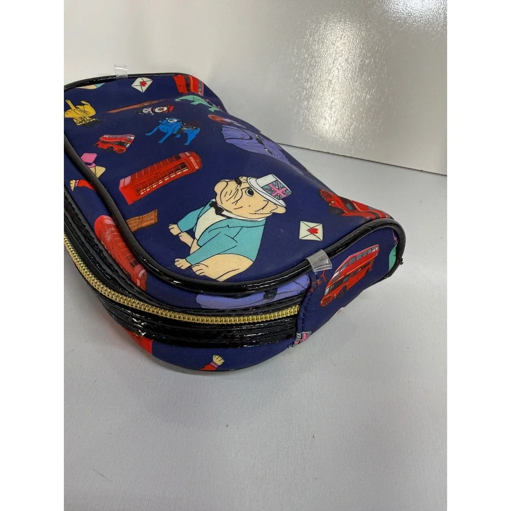 Betsey Johnson London Bulldog Print Cosmetic Bag Navy Blue Makeup Pouch